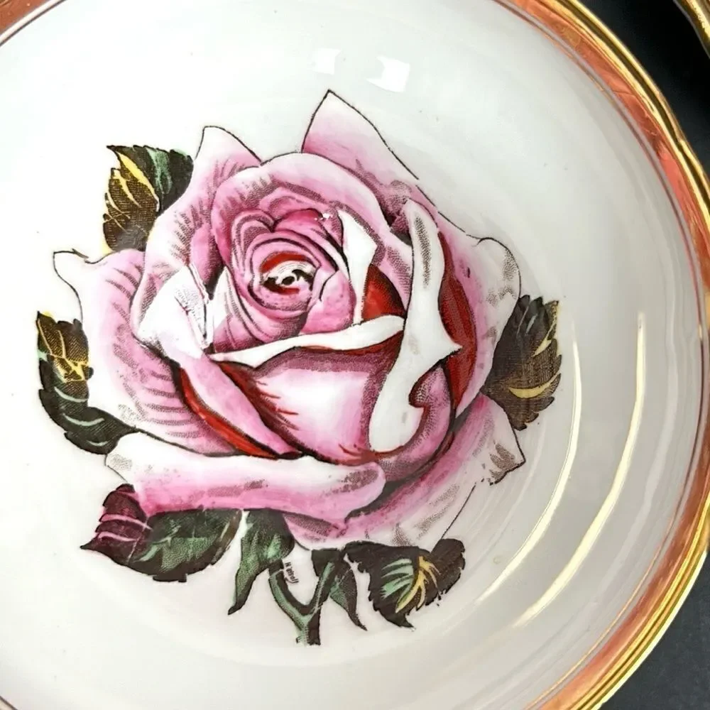 Vintage Taylor & Kent Large Pink Cabbage Rose Tea Cup Saucer Heavy Gold Signed